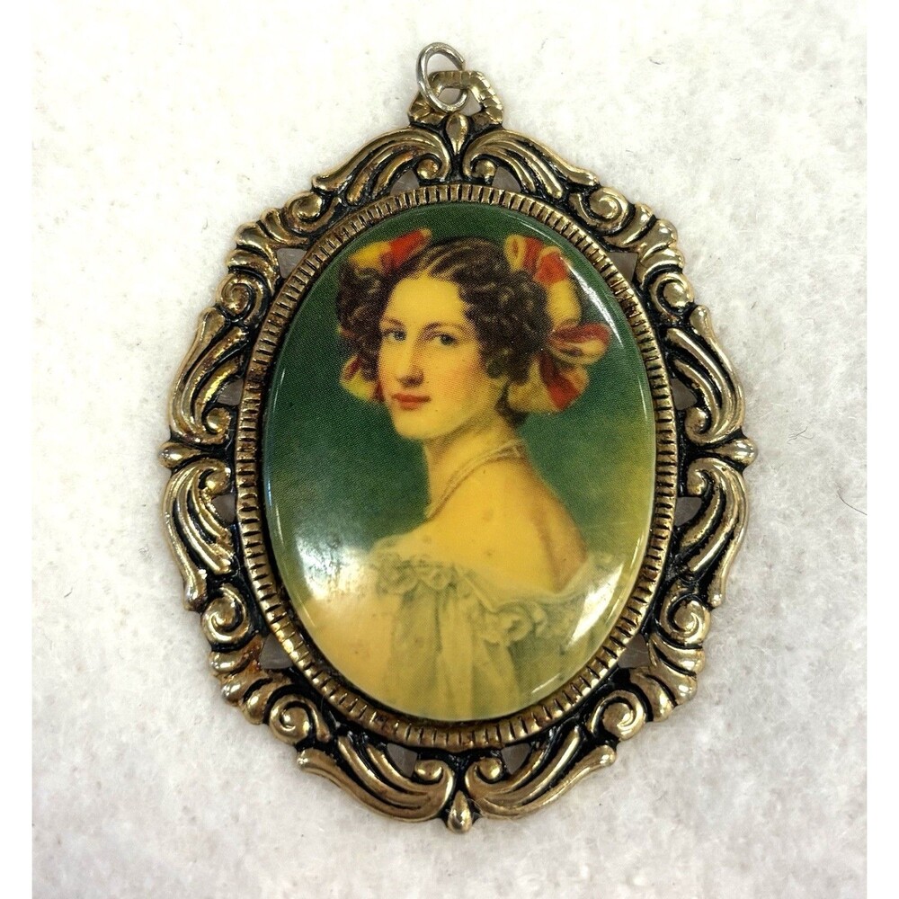 Vintage Victorian Revival Lady Portrait Pendant Ornate Gold Tone Cabochon